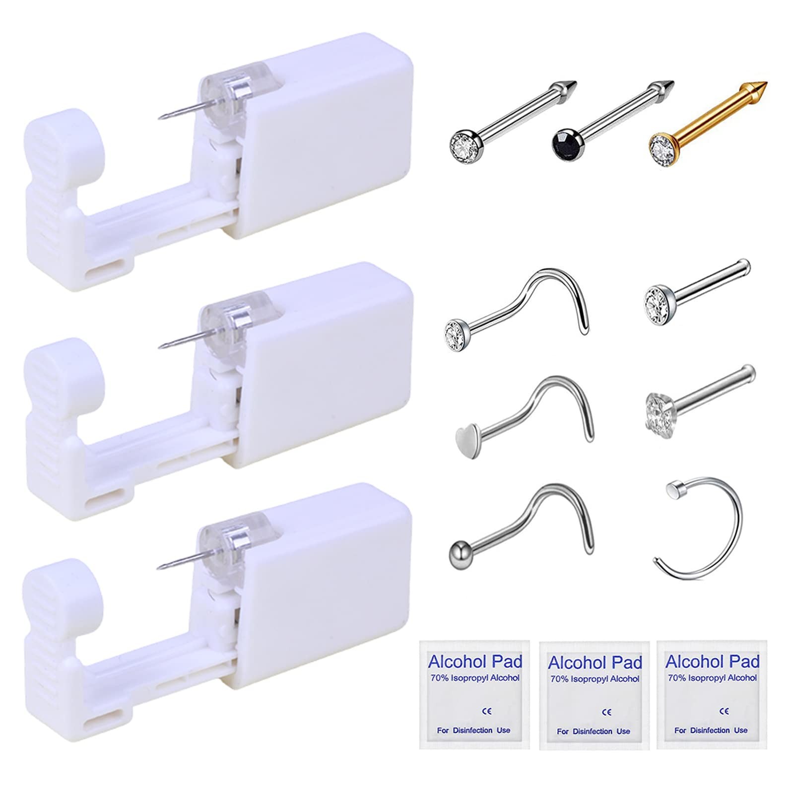Nose Piercing Kit - 3 Pack Self Piercing Gun, Disposable Safety Kit with Nose...