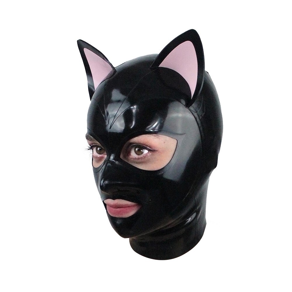 Latex Gummi Hood Cat Women Rubber Mask Headgear Cosplay Party Clubwear Halloween