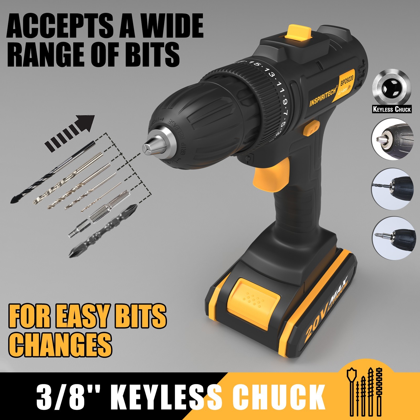 Inspiritech BPD9220 20V Cordless Keyless Chuck Drill
