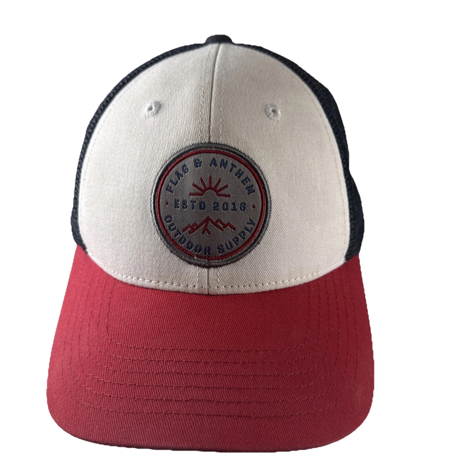 Flag and Anthem EST 2018 Round Patch on Hat Cap RWB-Navy Mesh Snapback