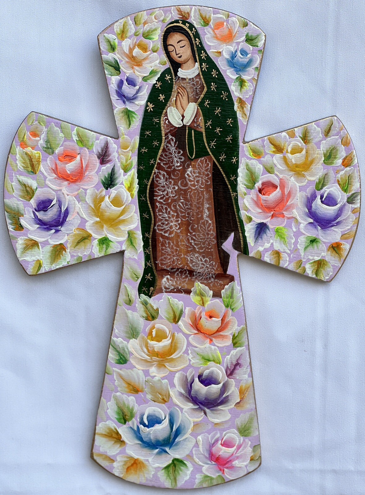 Our Lady of Guadalupe-Folk Art Wood - Hand painted Cross 12.25"