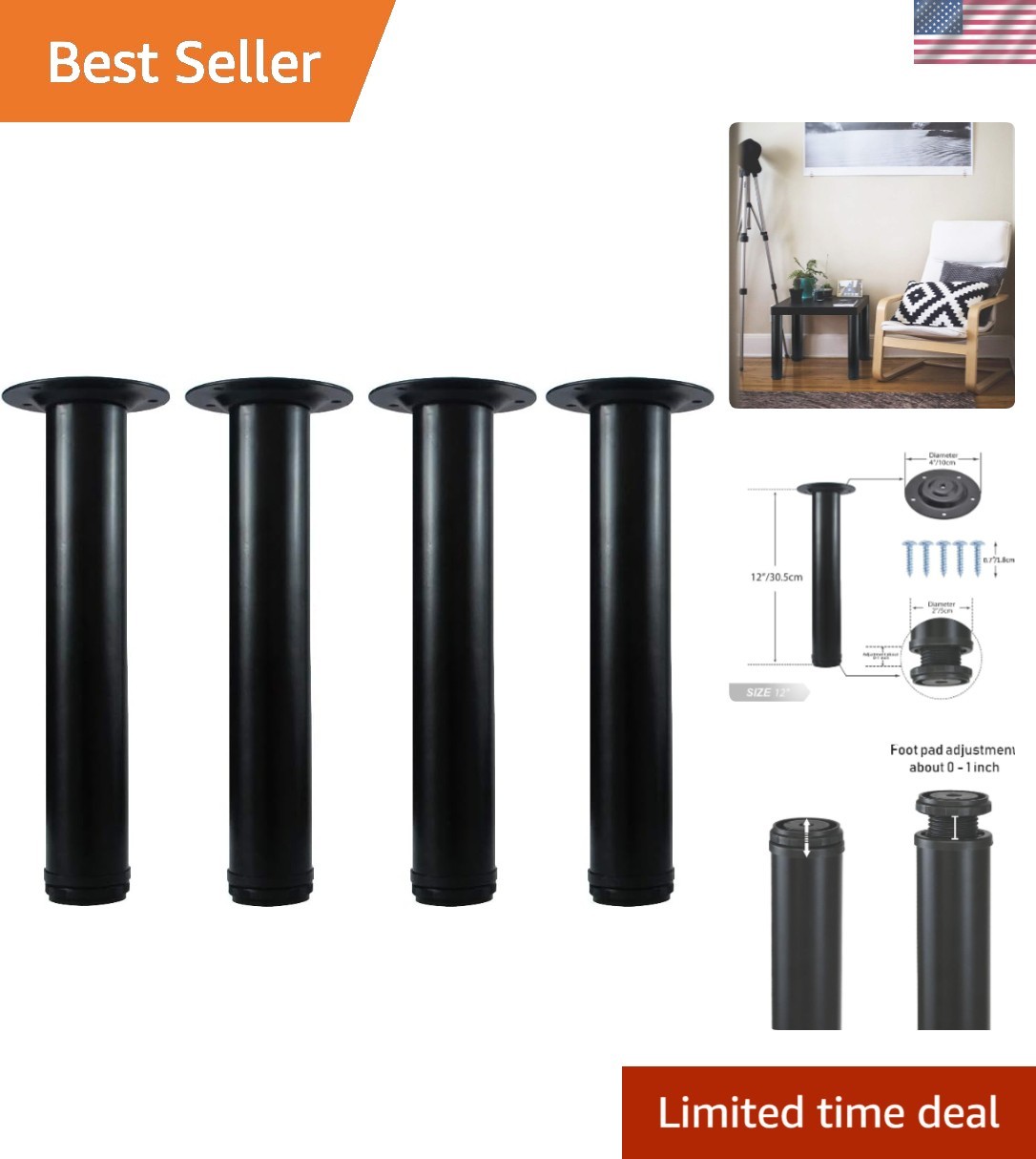 12-Inch Adjustable Black Metal Table Legs - Set of 4 for All Furniture Types