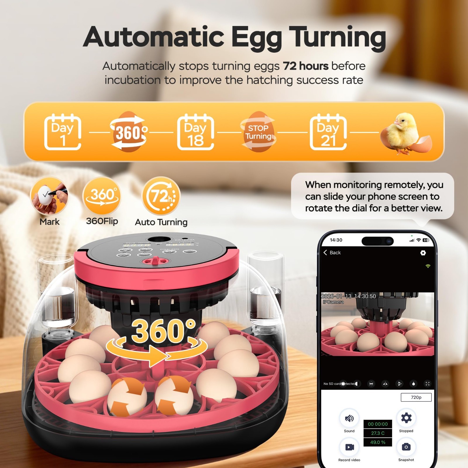 12 Egg Automatic Incubator with APP Control, Video Record, Temp & Humidity Contr