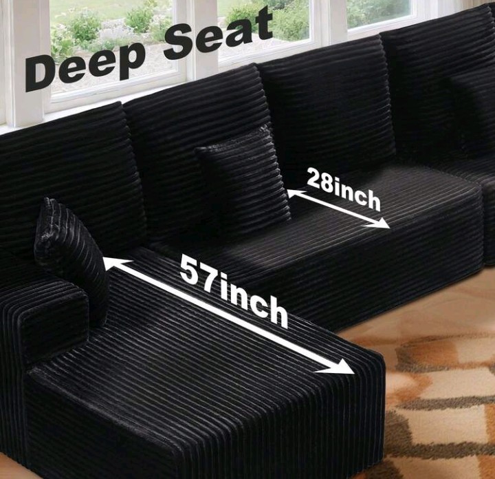 Black Corduroy Striped Sofa 106" Deep Seat Wide Arm Contemporary Couch