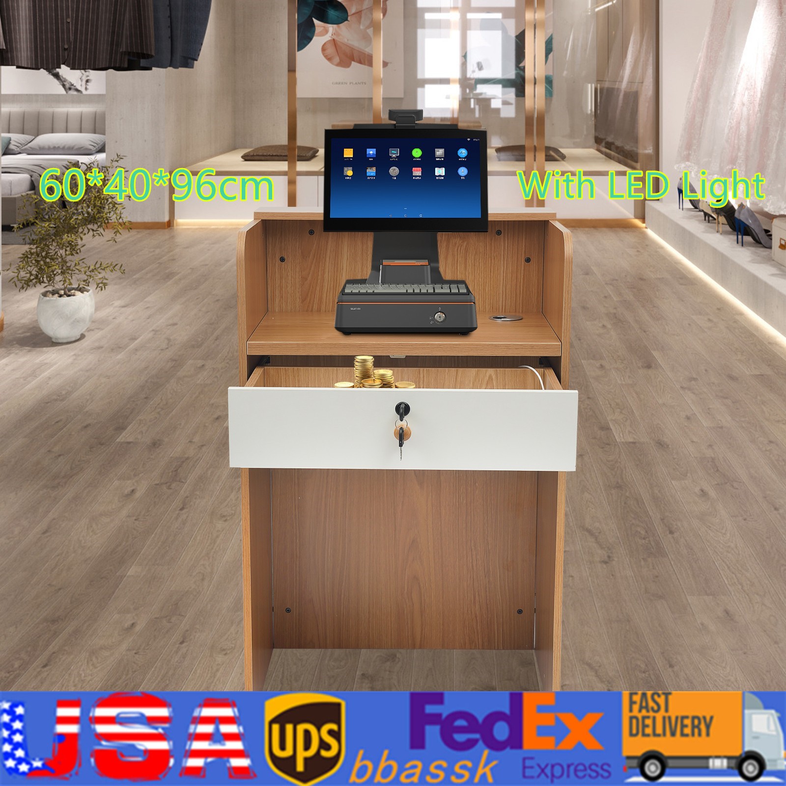 Reception Desk with LED Light Checkout Counter Table w/ Storage Drawer Store Use