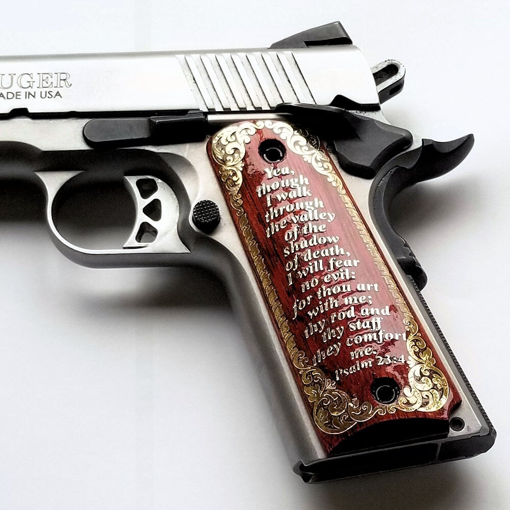 1911 full size custom engraved wood grips gold silver Psalm 23:4 Cross