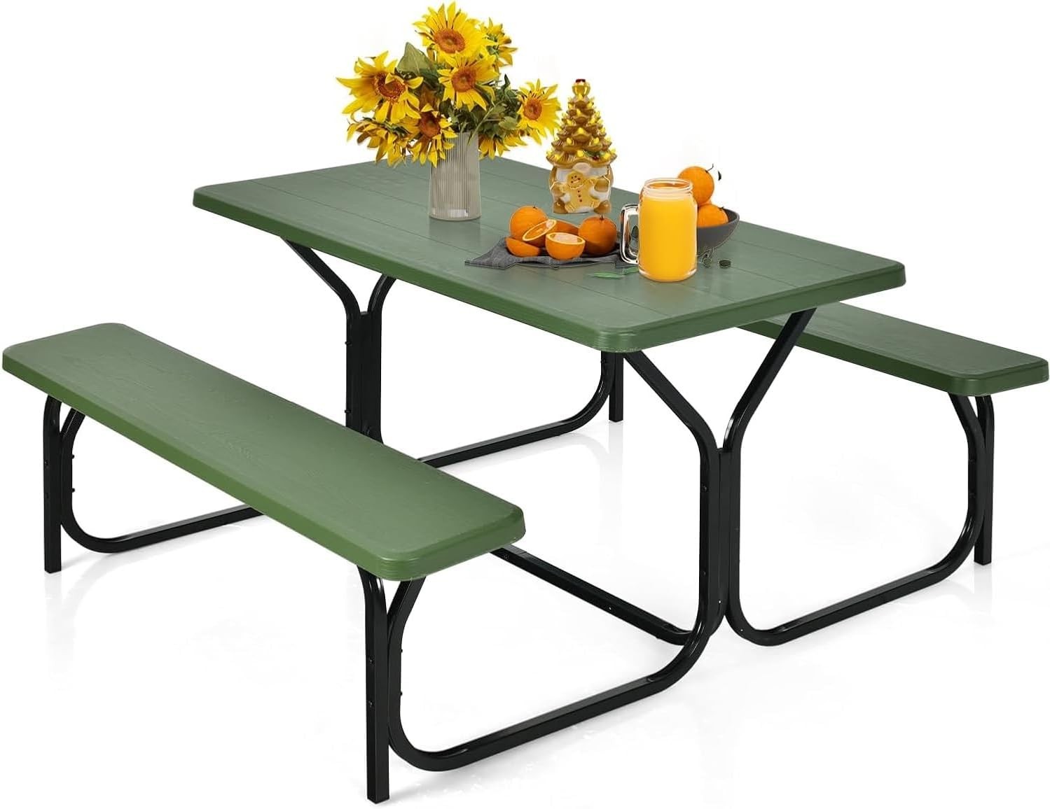 Picnic Tables, Rectangular Picnic Table with Steel Frame, 2 Benches Set, HDPE