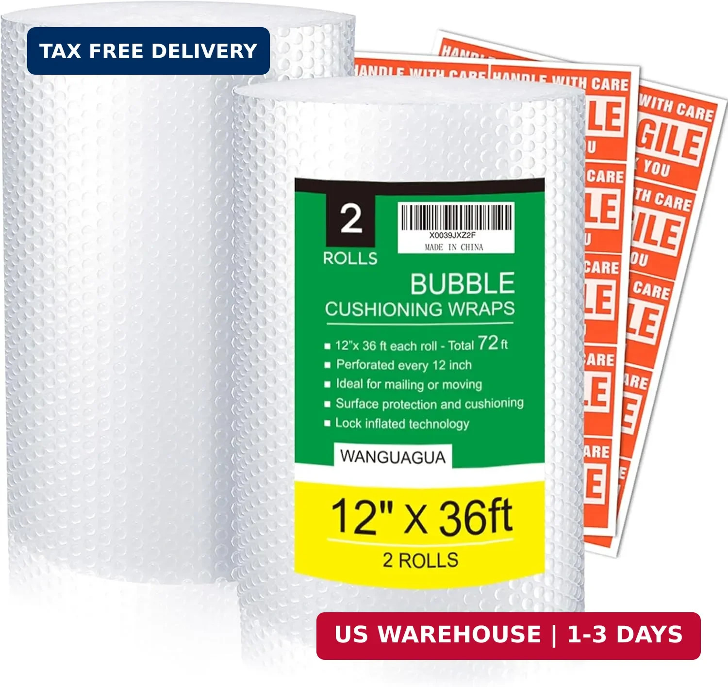 wanguagua 2 Pack 12 Inch x 72 ft Total Bubble Packing Wrap for Moving Boxes Ship
