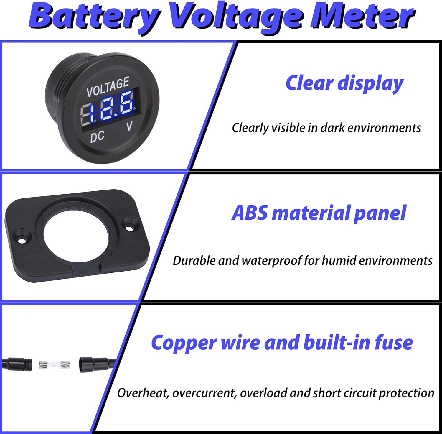 Waterproof Digital Voltmeter, 12V 24V DC, 3-Digit LED Display, Blue Light