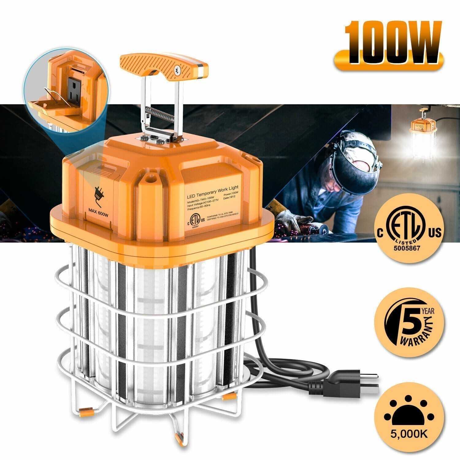 100W LED Temporary Work Light High Bay Construction Linkable Jobsite Light 5000K