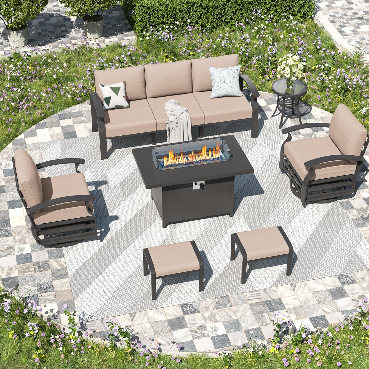 Aluminum Patio Furniture Set with Propane Fire Pit Table,7-Seat Metal Outdoor Fu