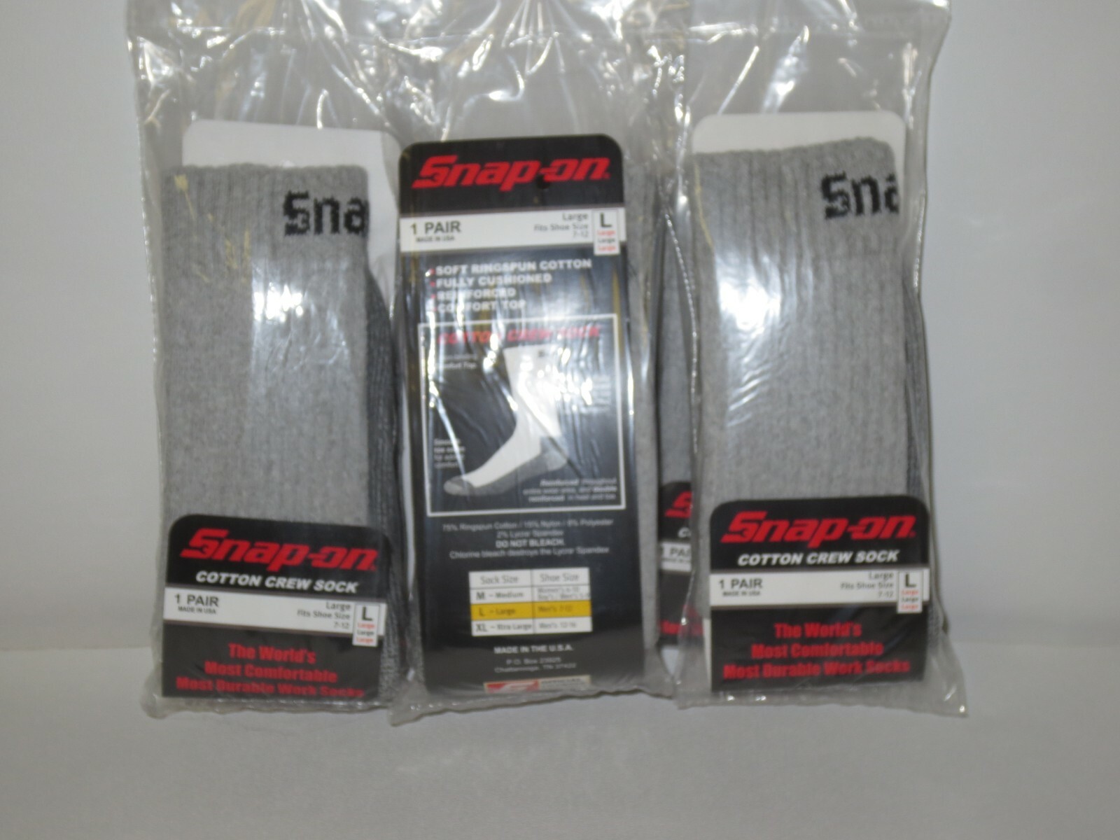 6 PAIRS = SNAP-ON Crew Socks, GRAY ~ LARGE ~ FREE SHIPPING ~ MADE IN USA *NEW*