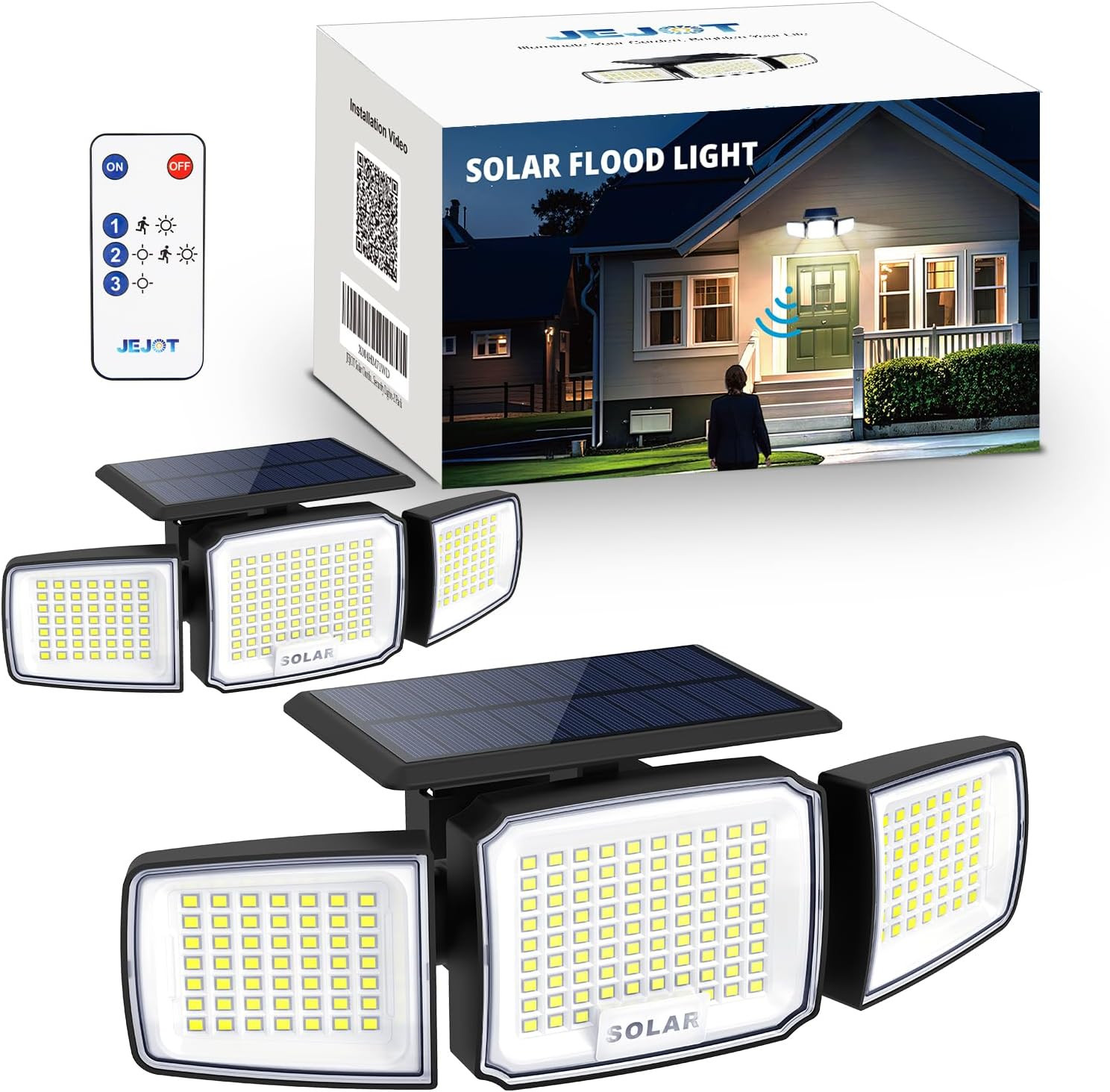 Solar Motion Security Light 3-Head LED w/Remote Radar Sensor IP65 Waterproof 2Pk