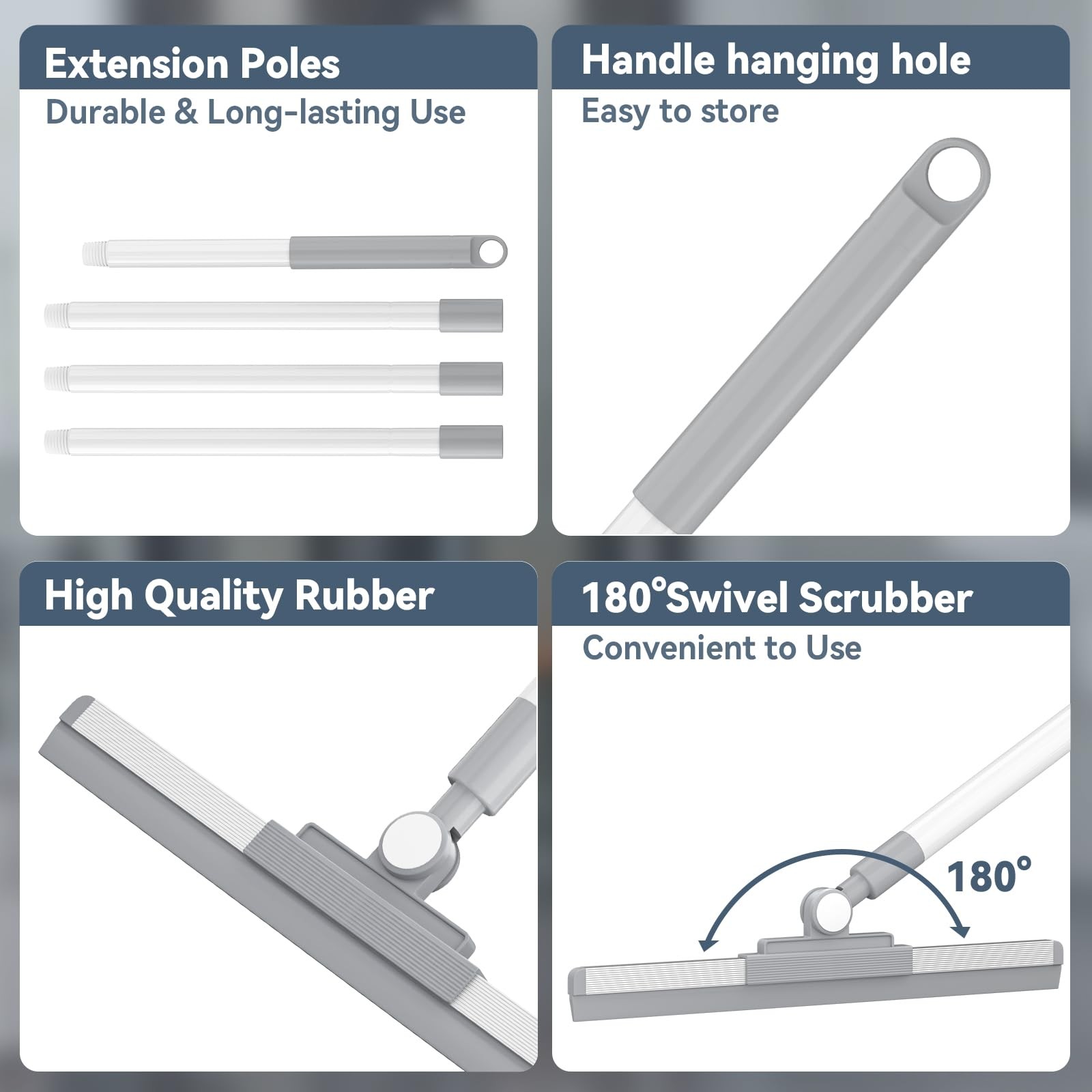 Floor Squeegee with 180° Rotating Head, Squeegee for Floor with 52'' Long White