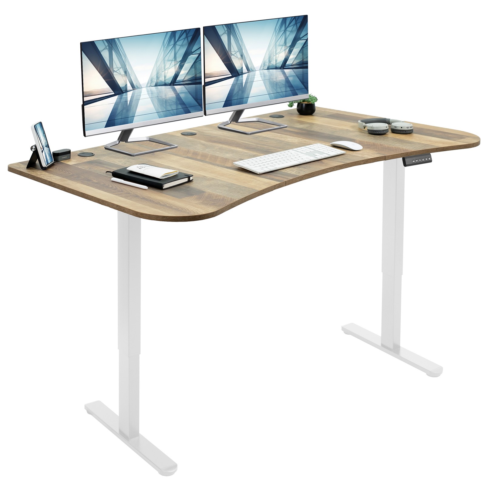 VIVO Electric 63” x 32” Stand Up Desk, Reclaimed Wood Table Top, White Frame