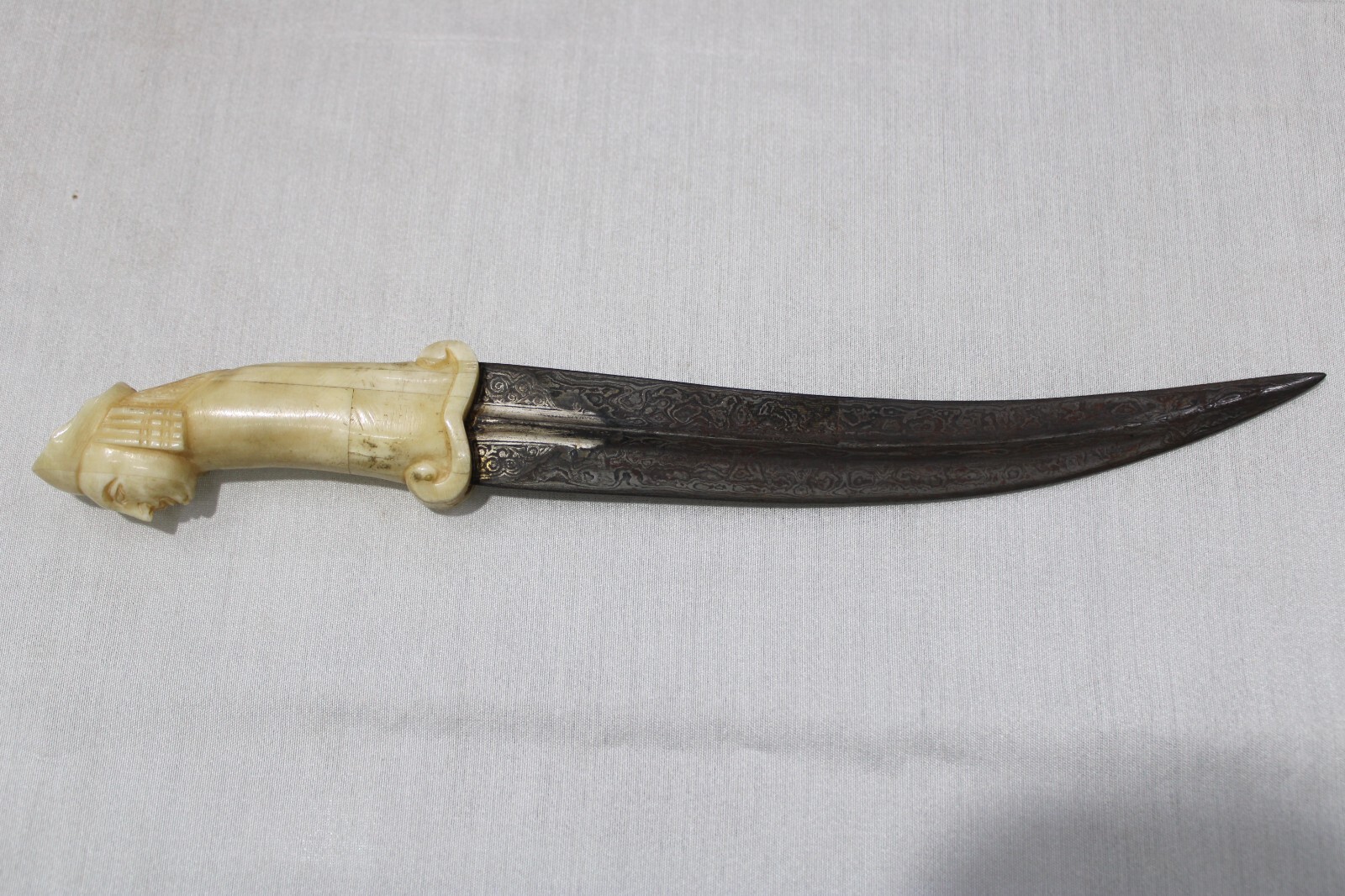 Mughal Dagger Bone Handle Damascus Steel Indo Persian Khanjar Silver Koftgari