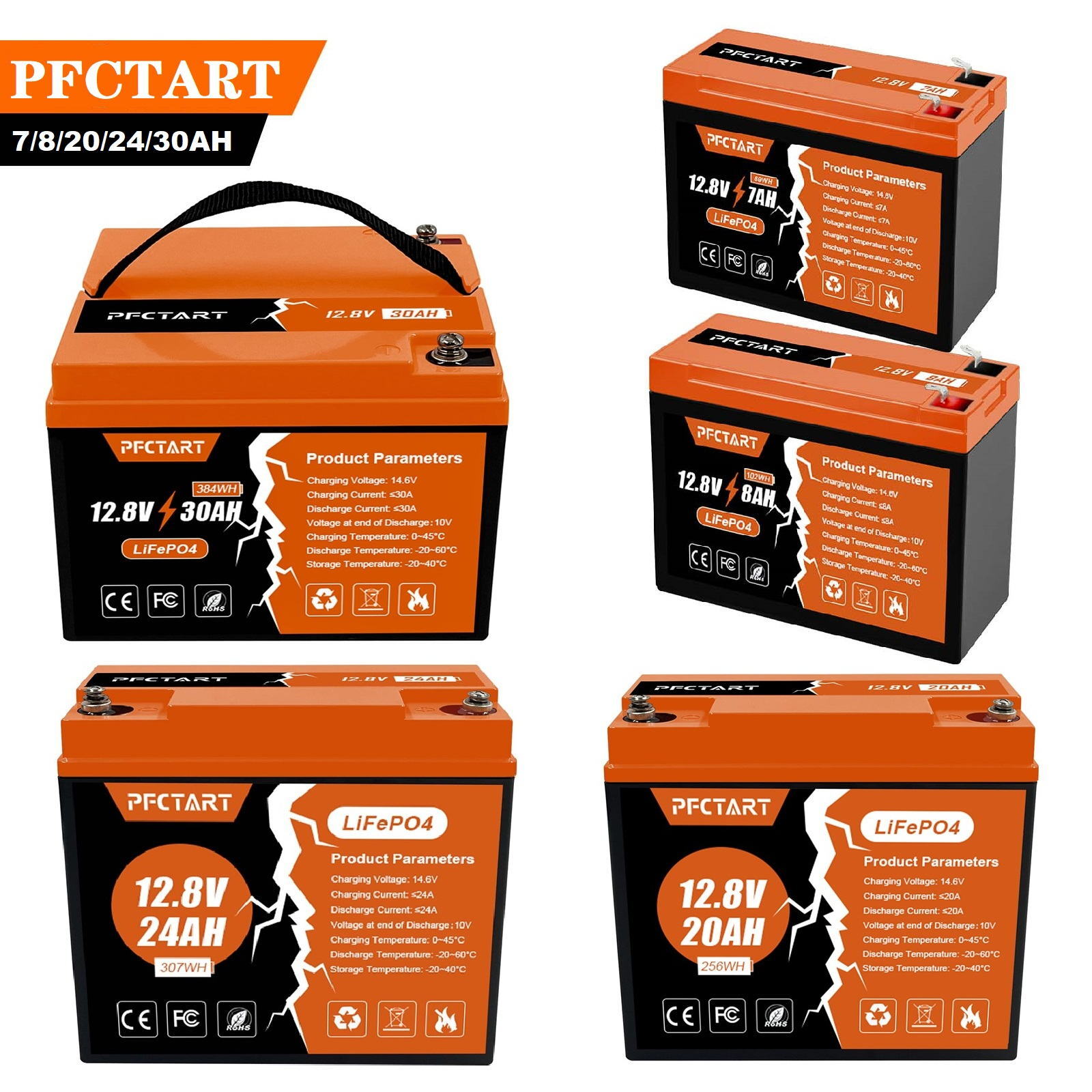 7Ah 8Ah 20Ah 24Ah 30Ah 12V Portable LiFePO4 Lithium Battery  For Home RV Camping