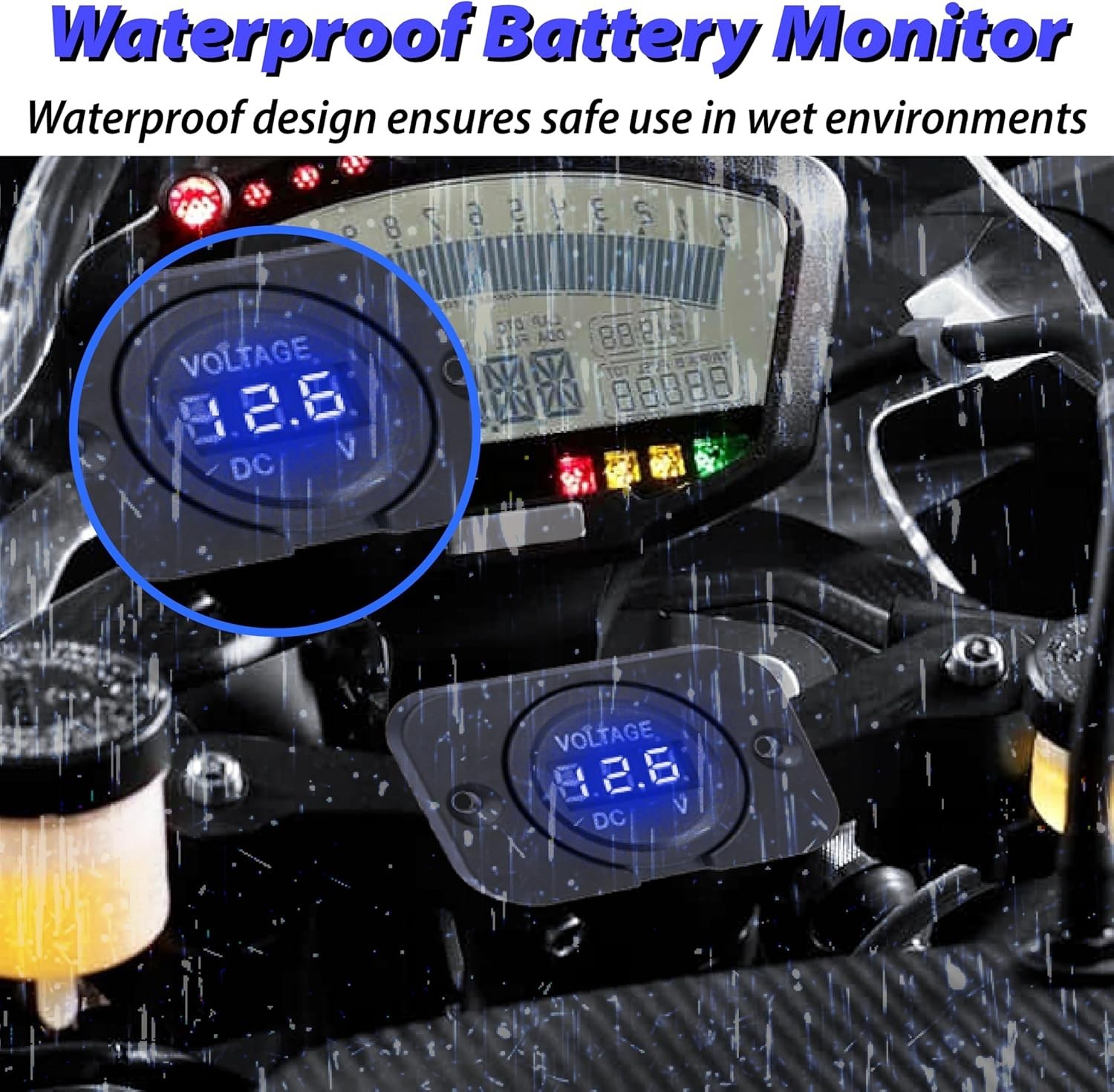 Waterproof Digital Voltmeter, 12V 24V DC, 3-Digit LED Display, Blue Light