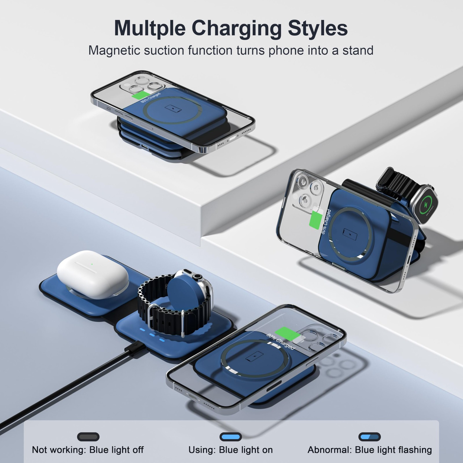 UCOMX 3 in 1 Charging Station for Multple Devices,Foldable 3 1 Blue