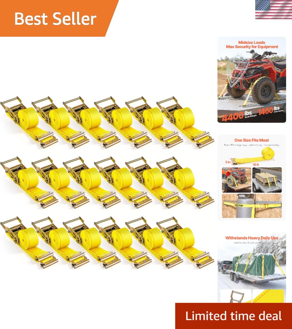 Efficient 18PCS Heavy-Duty Ratchet Straps 2" x 15' with Spring Fitting - Yellow