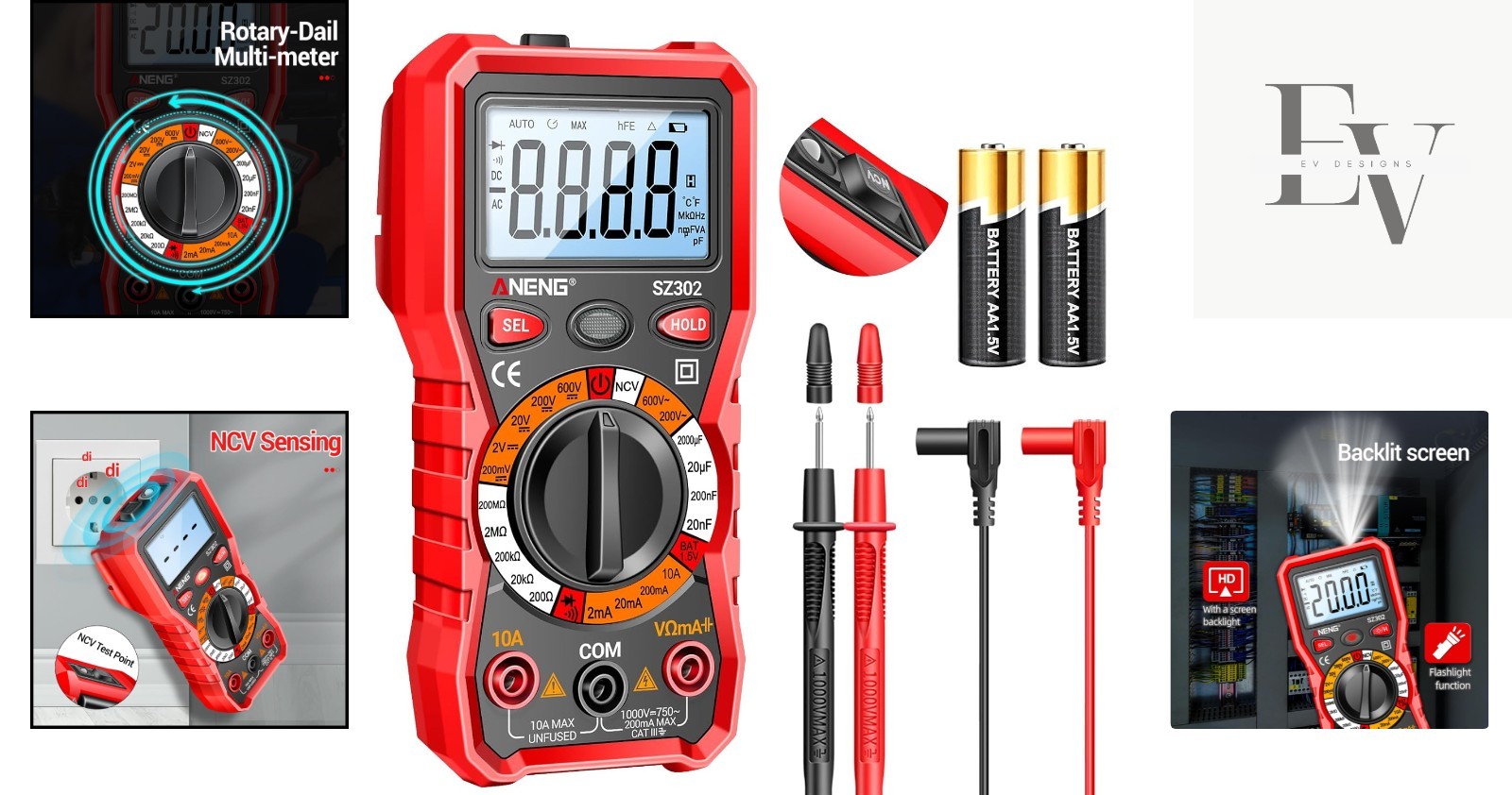 AENEG SZ302 Compact Multimeter with Backlit LCD & Non-Contact Voltage Detection