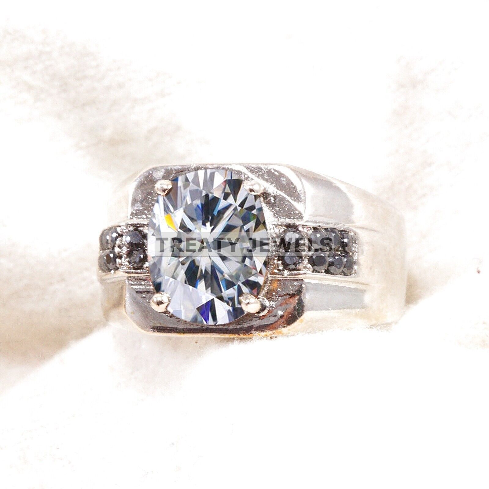 Moissanite Oval Cut Gemstone With 14K Solid White Gold Ring For Men's #B325