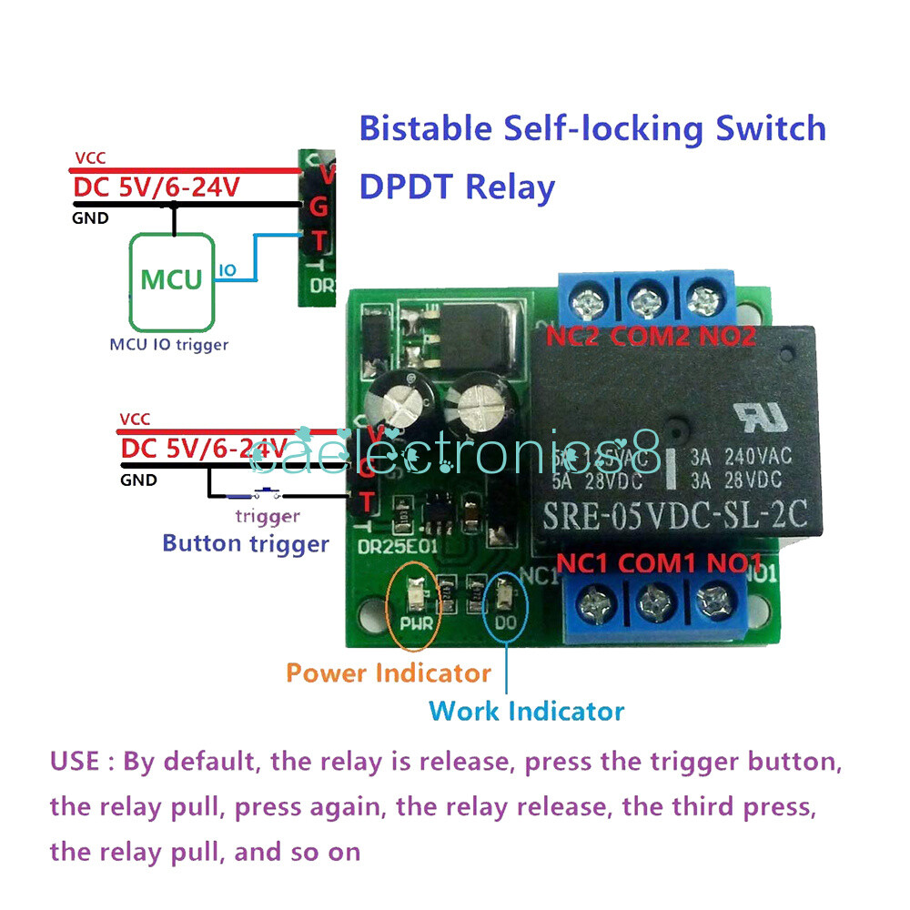 DC 5V 6-24V Double Pole Double Throw DPDT Self-locking Bistable Relay Module CA