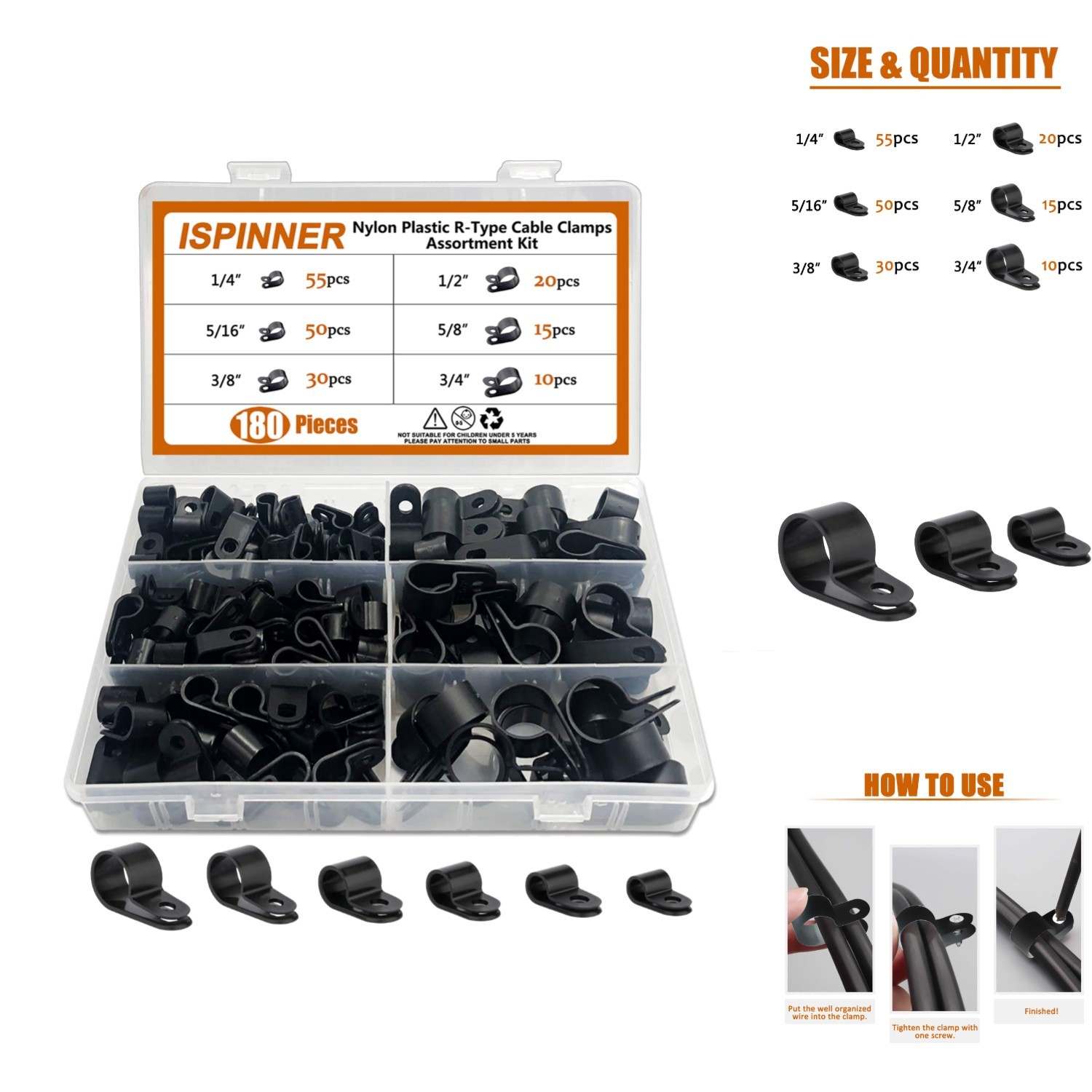 180pc Nylon R-Type Cable Clamp Assortment Kit 6 Sizes Black Wire Management Clip