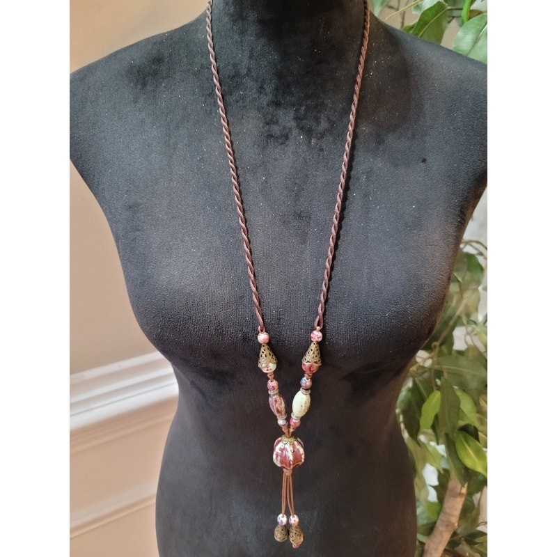 Women's Boho Glass Bead Necklace With Sliding Knot Adjustable Tassel Pendant