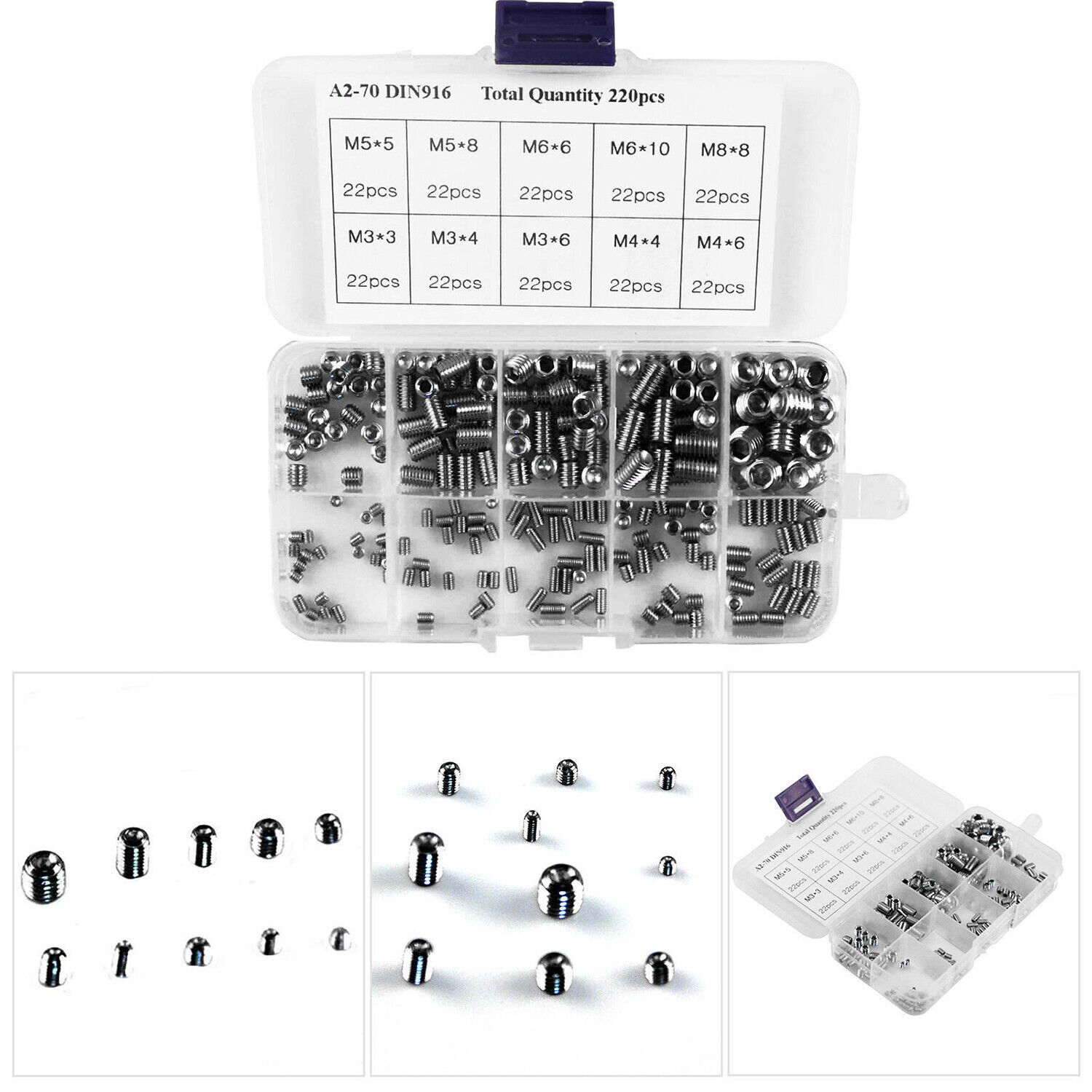 220Pcs Stainless Steel Allen Head Socket Set Grub Screws Assortment Kit