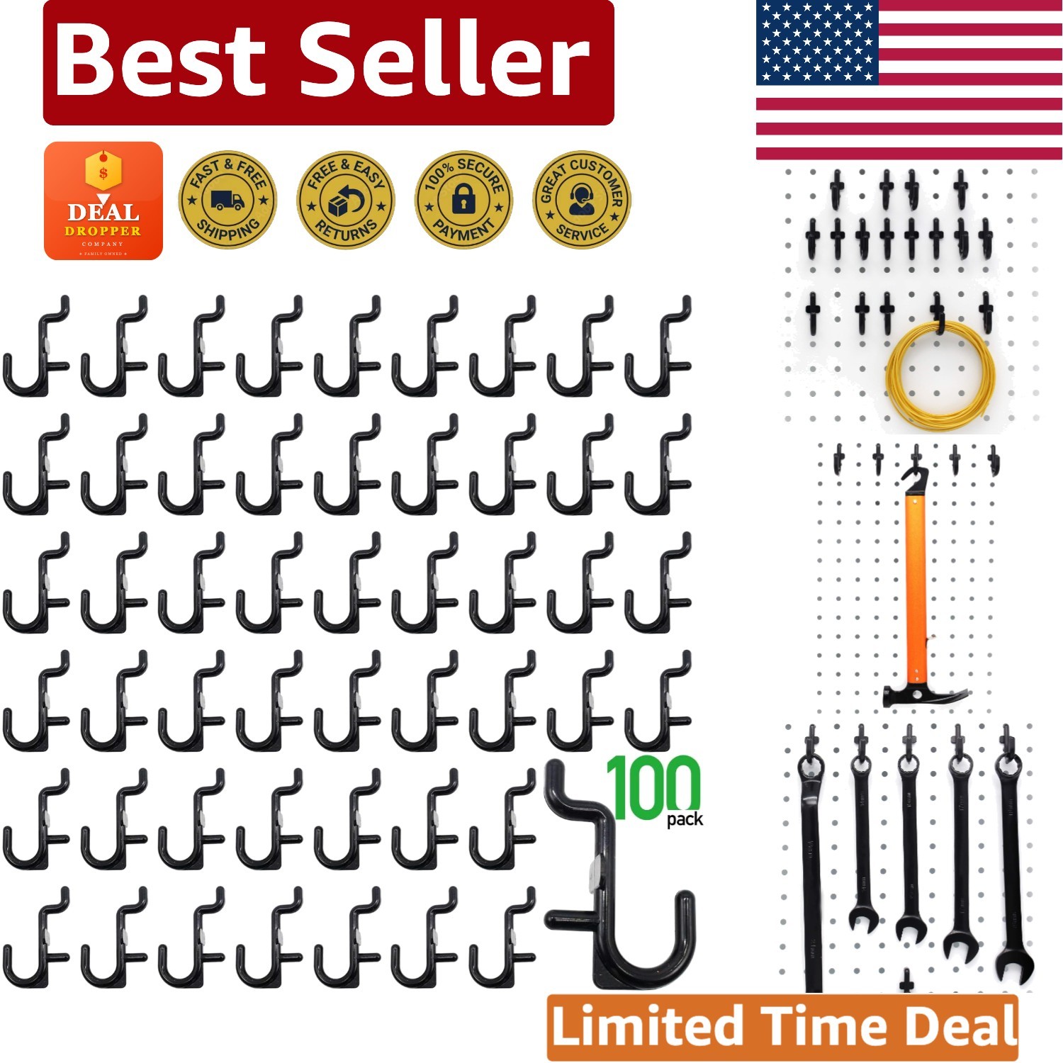100-Pack Black Pegboard Hooks Kit - Durable, Easy to Install Storage Solution