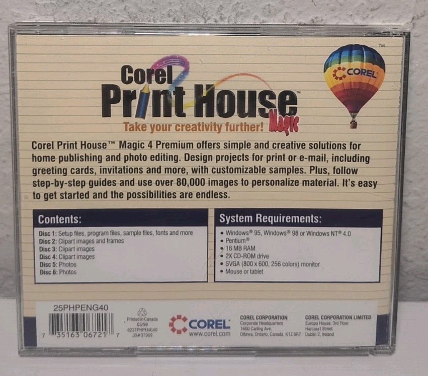 Vintage PC Software Corel Print House Magic Premium Windows 95 98 CD ROM B379