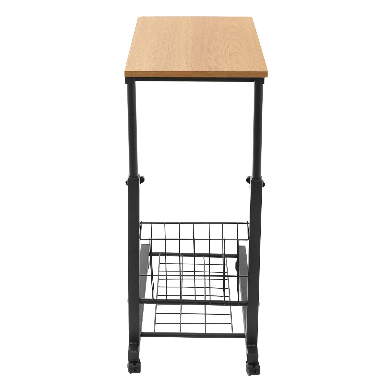 Height Adjustable C-Shaped Teak 2-Tier Bedside Table with Wheels & Brakes