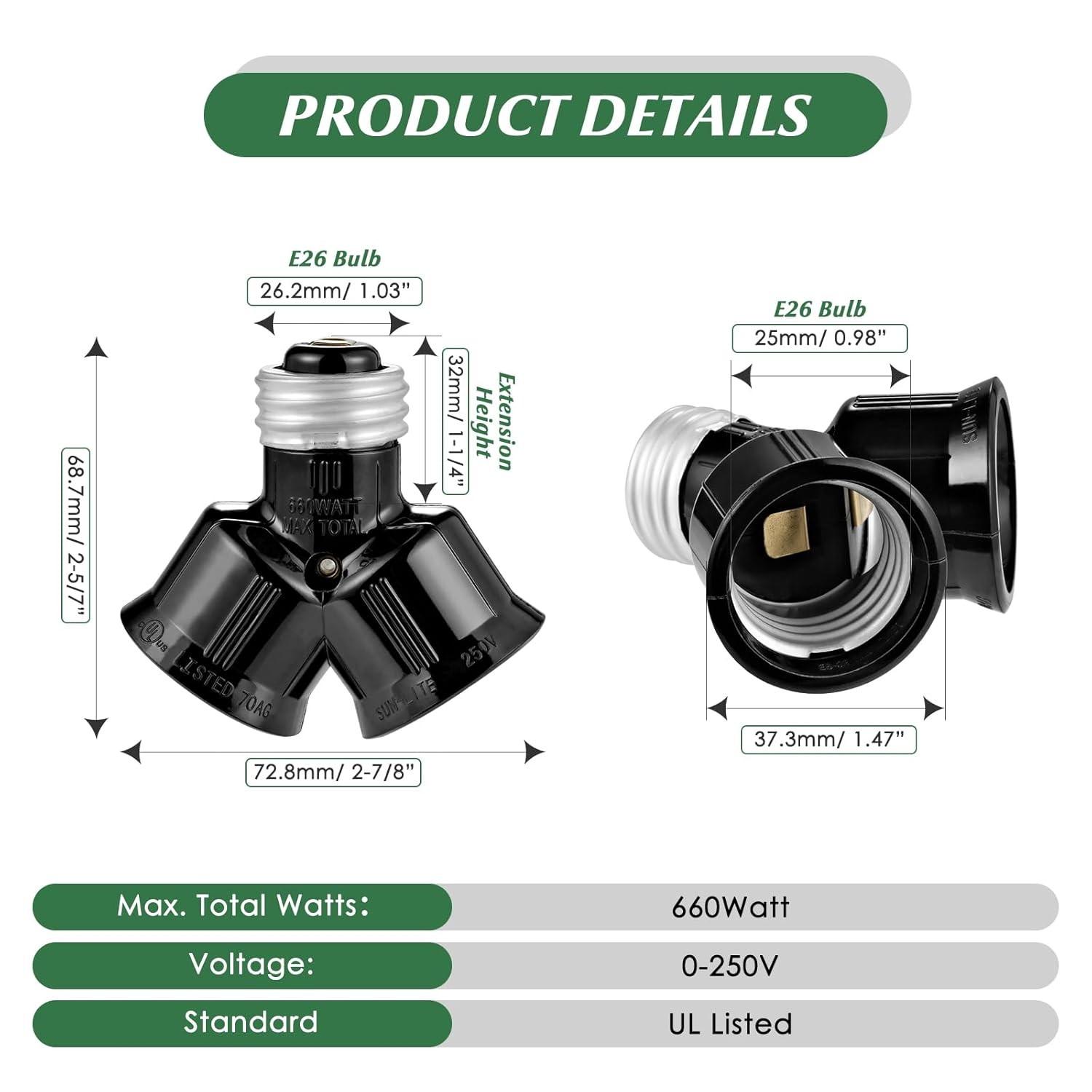 Double Light Socket Adapter, Dual Light Bulb Splitter Twin Bulb Holder Converter