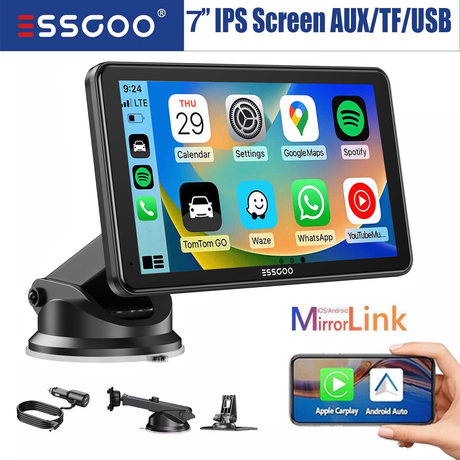7" Portable Car Stereo Radio Wireless Apple CarPlay Android Auto Touch Screen