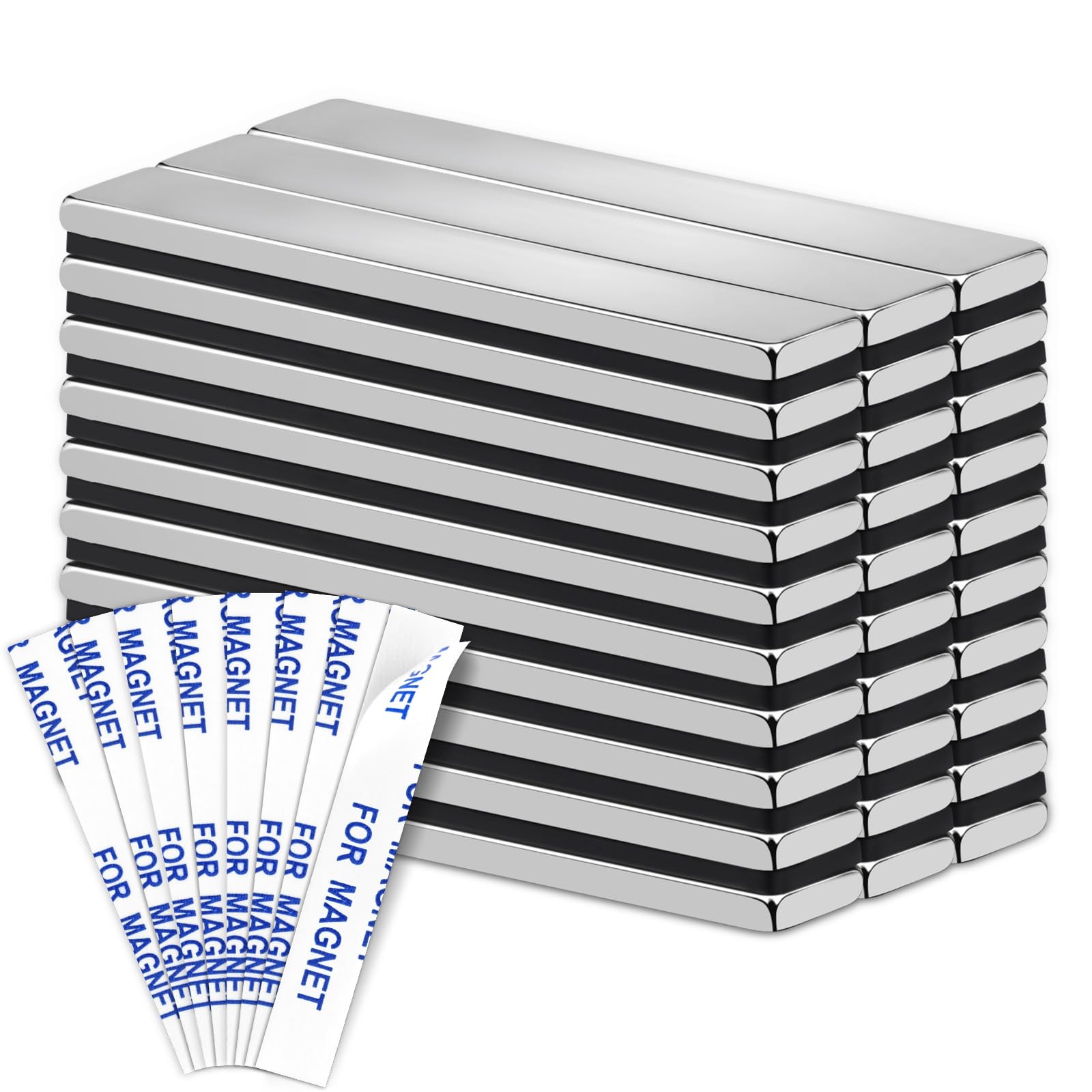 30Pcs Neodymium Magnets with Adhesive Backing 60x10x3mm Silver