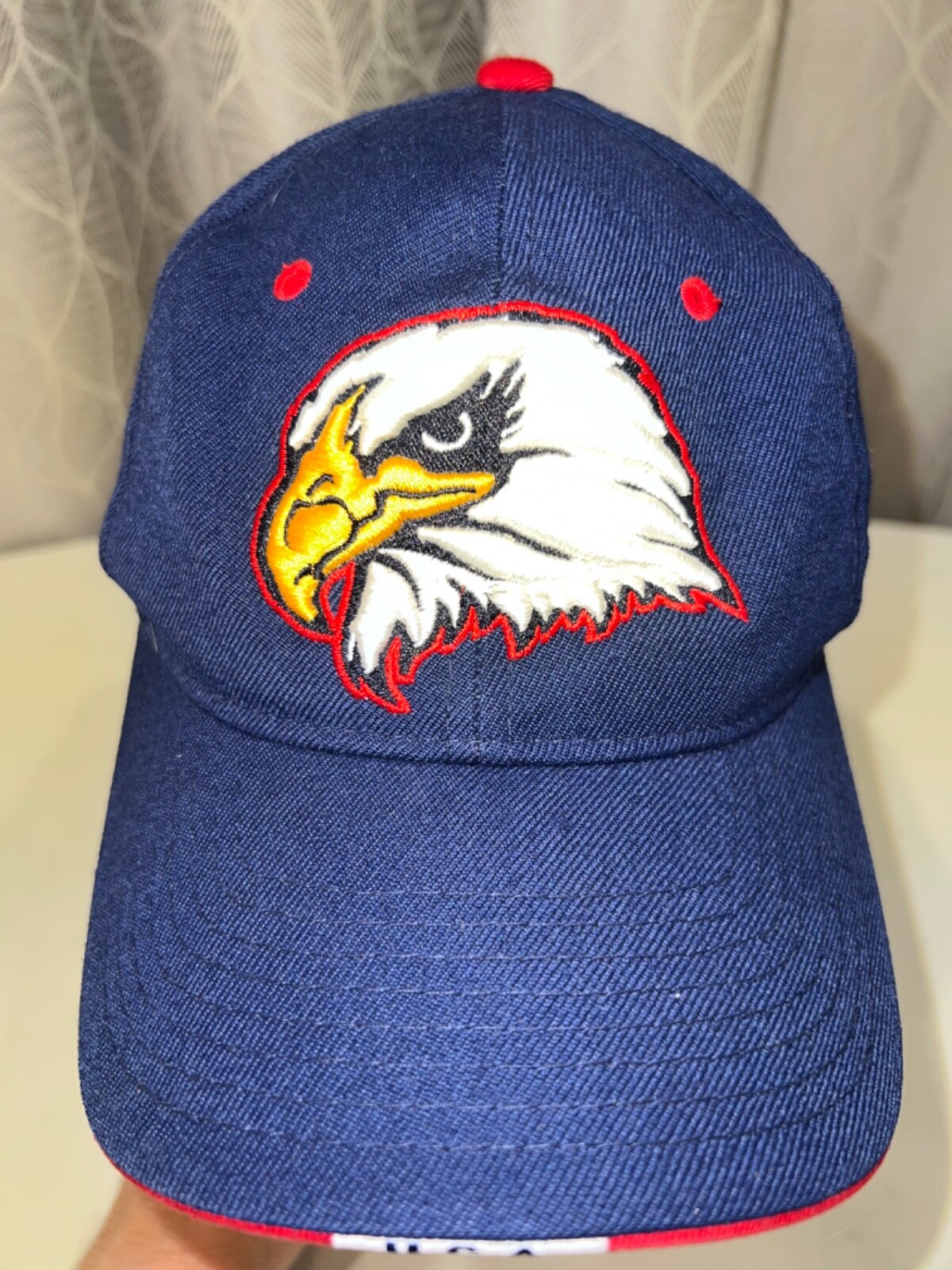 Wool Acrylic Embroidered Thick Bald Eagle Head on Navy Blue Hat Cap Fitted 7 1/8