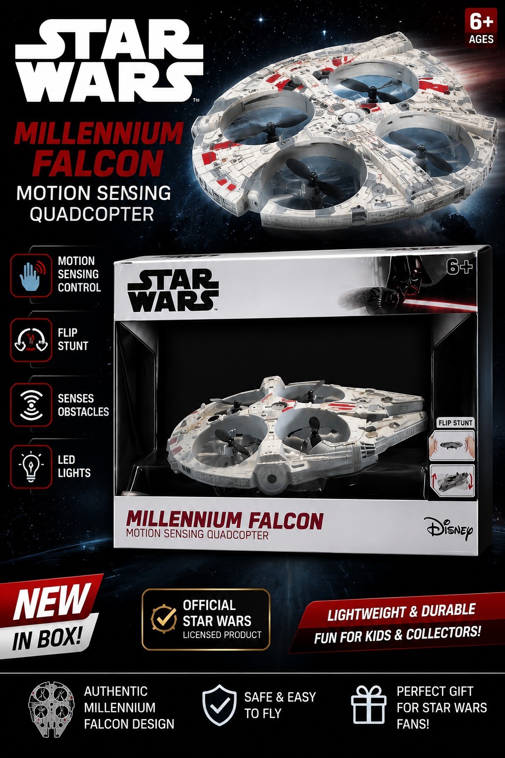 Star Wars Millennium Falcon Motion Sensing Quadcopter Drone New Sealed
