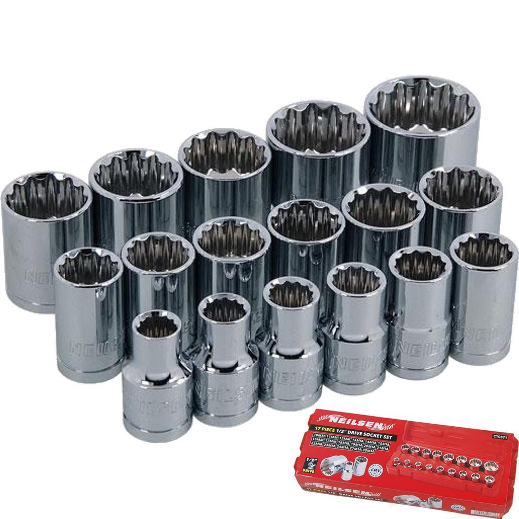 Neilsen Metric Drive Sockets 10mm - 30mm Socket Set In Bmc 17pc 1/2"