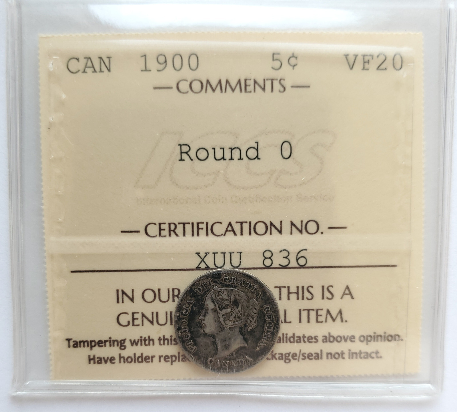 1900 CANADA SILVER 5 CENTS - ROUND 0 - ICCS CERTIFIED VF20 - FIVE CENTS