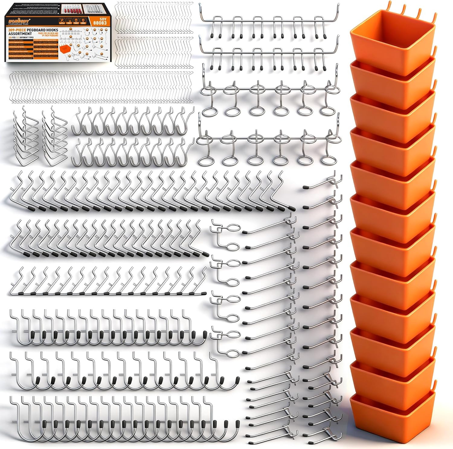 309 PCS Pegboard Hooks Assortment Kit – 17 Types Heavy Duty Peg Board Hooks & Or