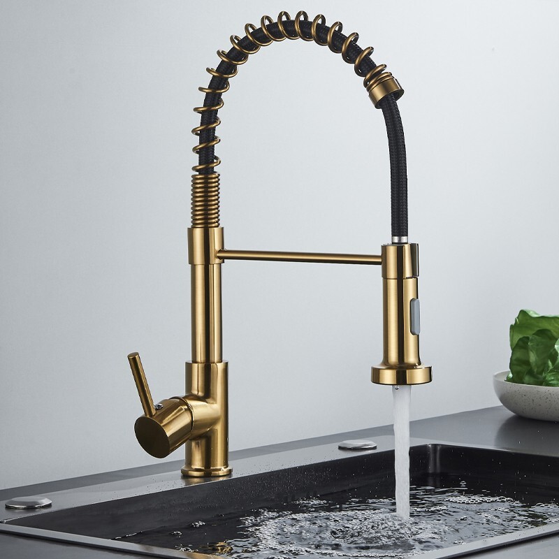 Brushed Gold Kitchen Faucet with Pull Down Sprayer Single Handle Spring Faucet
