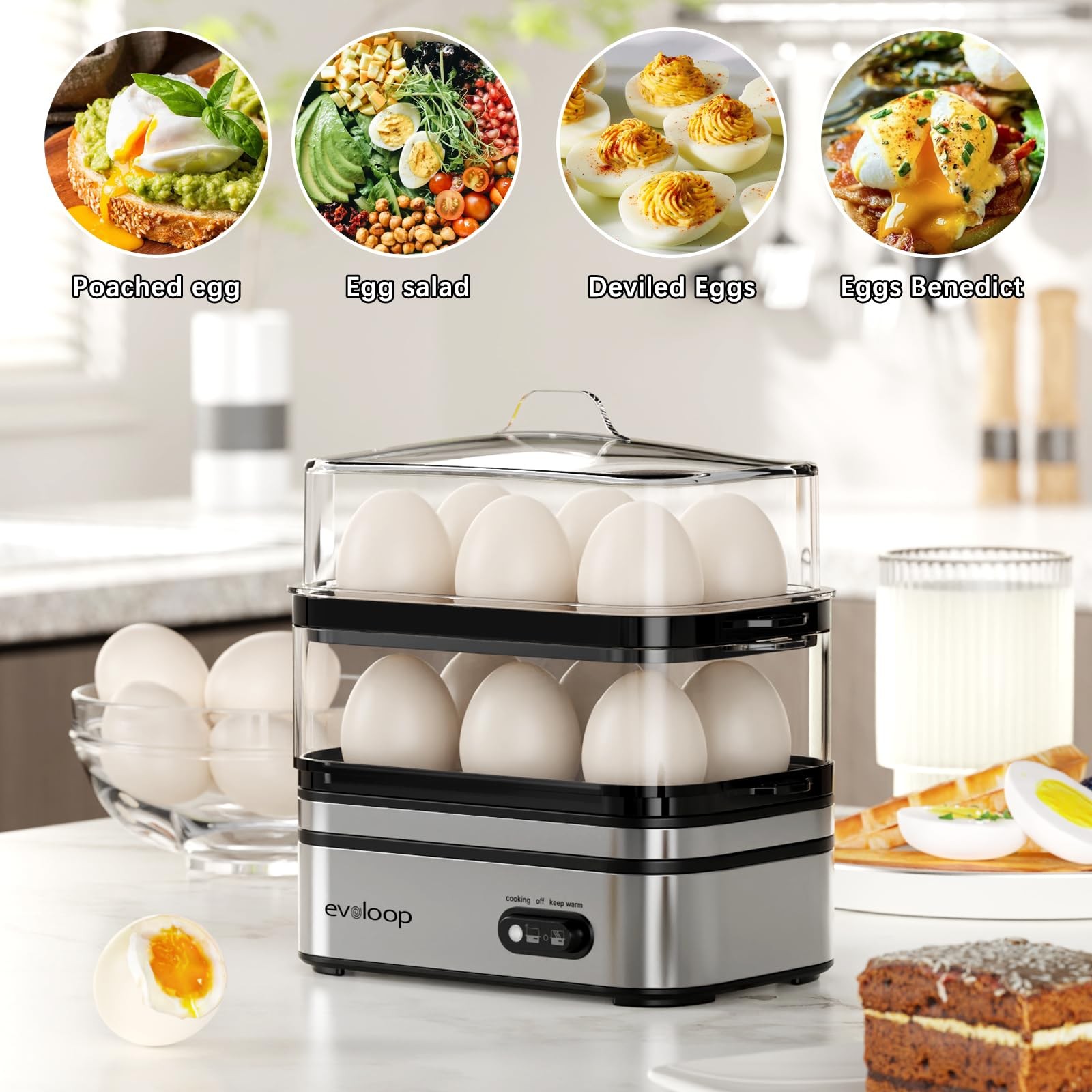Evoloop Rapid Egg Cooker Electric 12 Eggs Capacity, Soft, 5*7*8, Silver