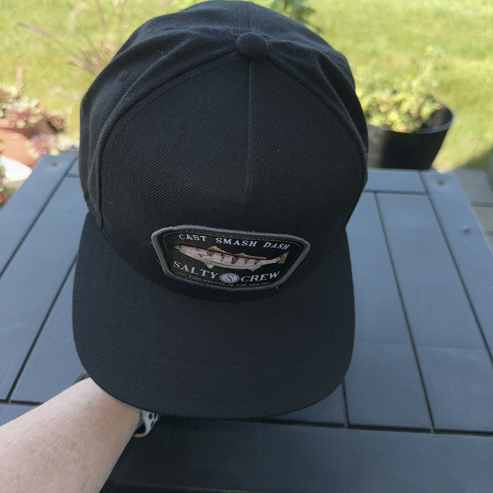 Cast Smash Dash Salty Crew Patch On Black Hat Cap Wool Acrylic SnapBack EUC
