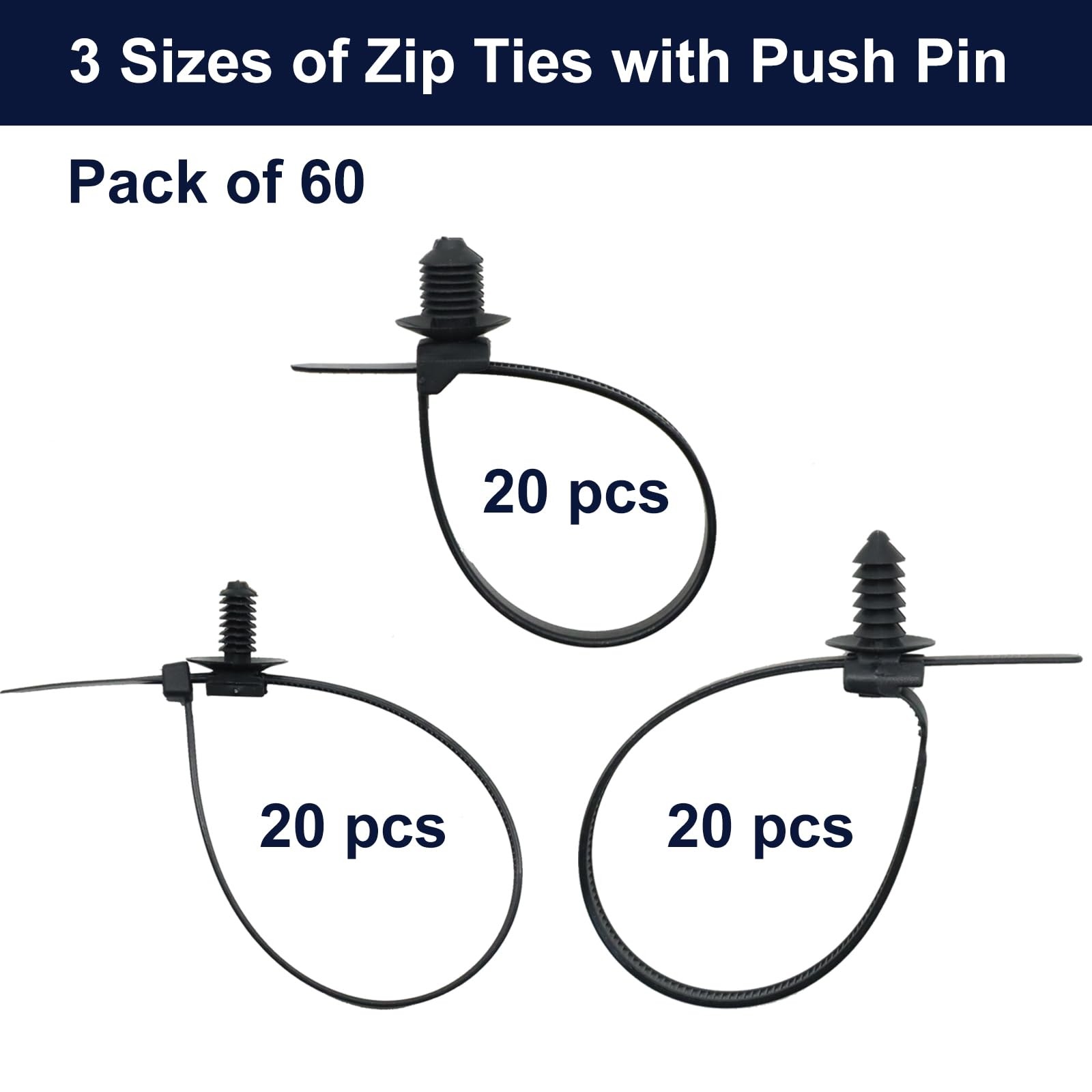 Assorted Push Mount Cable Zip Ties with Pin for Automotive Trailer Black