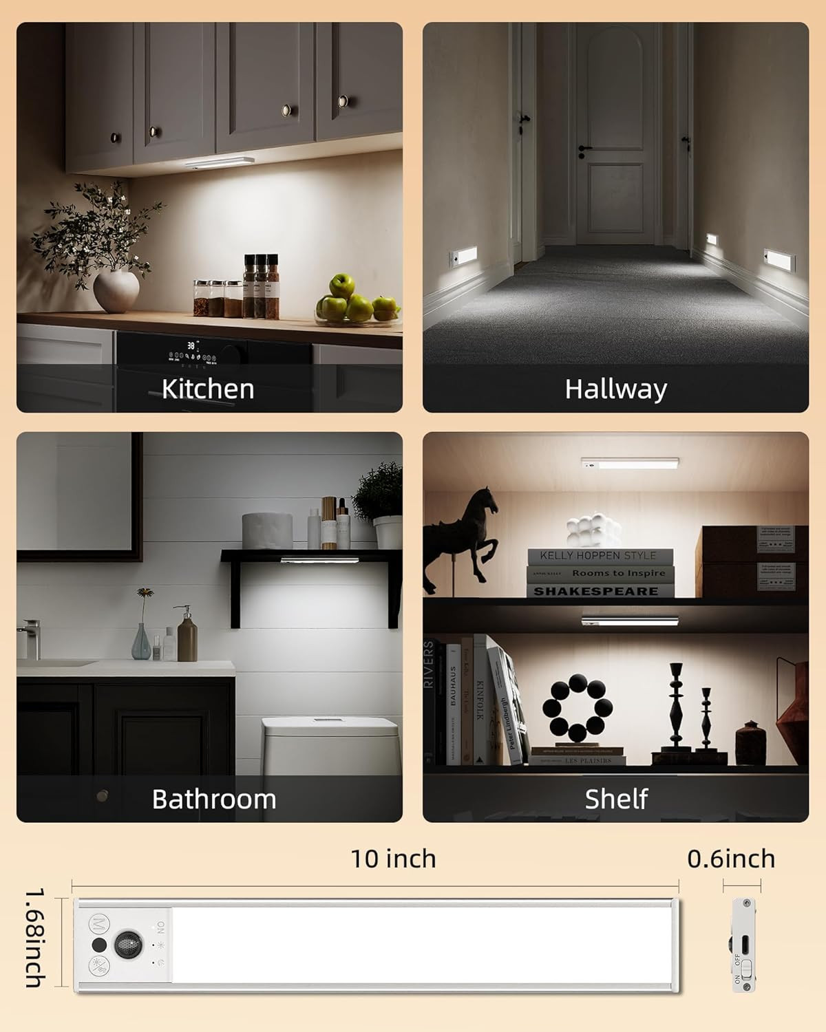 10Inch under Cabinet Lighting, LED Motion Sensor Light Indoor, 2400Mah USB Re...