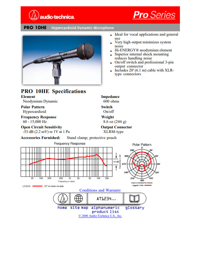 1990's Audio Technica Pro 10 dynamic cardioid microphone Lo Z w mic clip AKG # 1