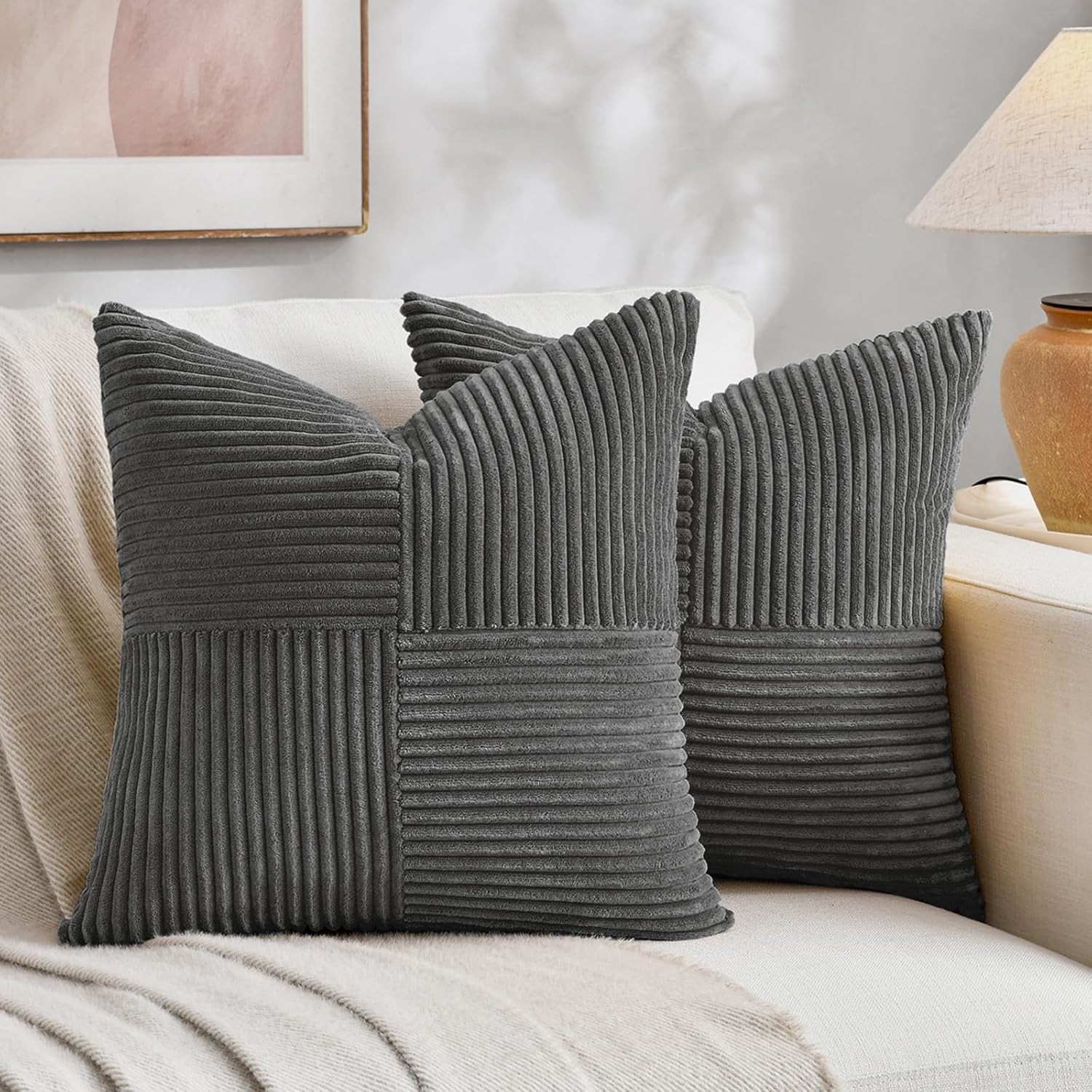 BRAND NEW ~ 2 Modern Farmhouse Boho Large Dark Gray Toss Pillow Covers ~ 24 x 24