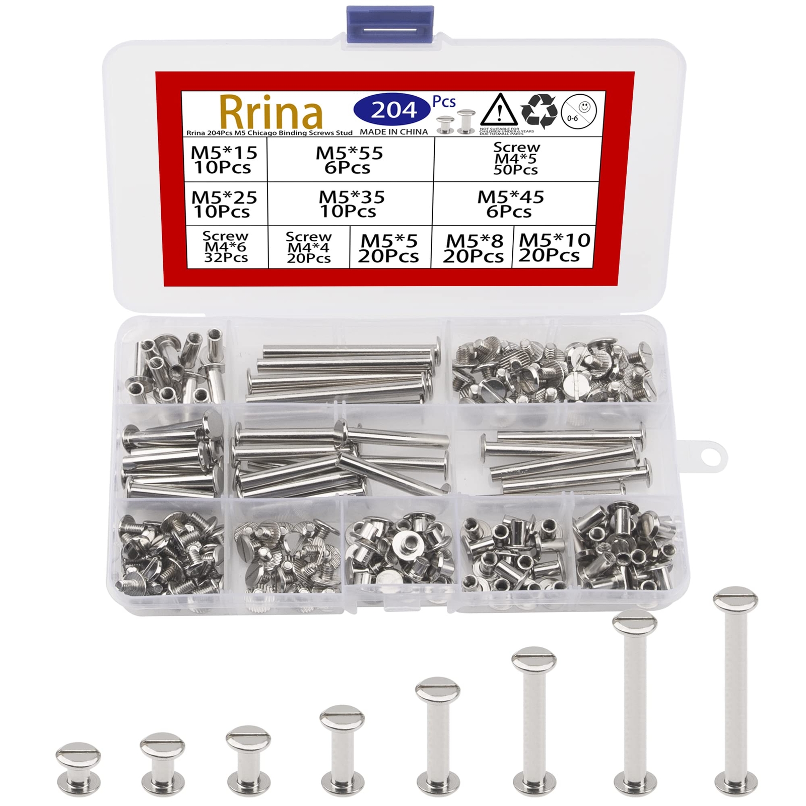 204PCS Assorted M5 Chicago Screws Stud Posts Rivets for DIY Leather Craft Use
