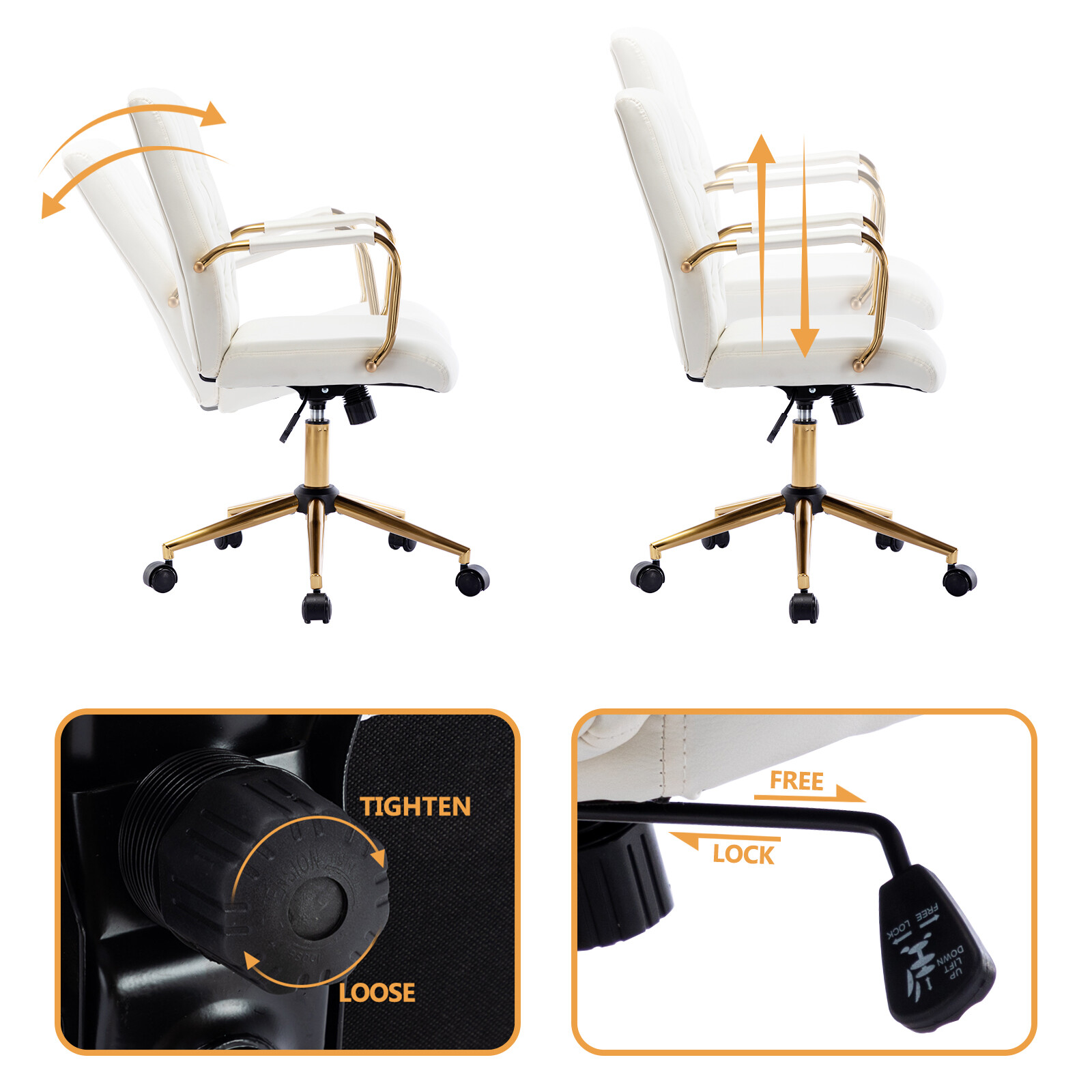Duhome PU Leather Home Office Desk Chairs, Modern Gold Task Chair with Wheels